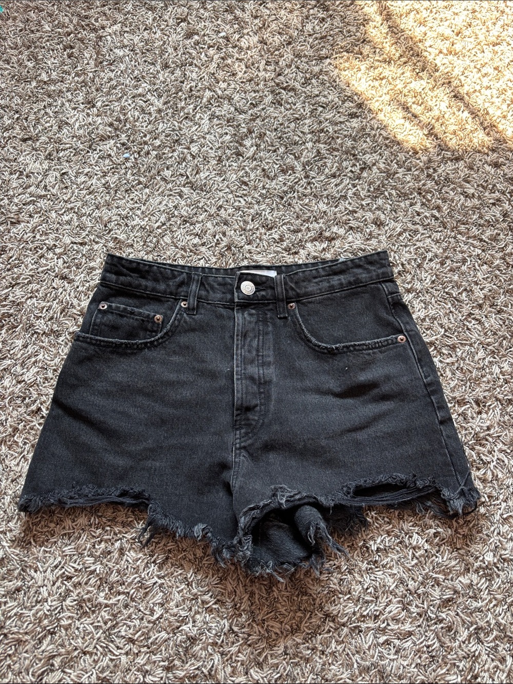Zara Black Distressed High-Rise Denim Shorts
